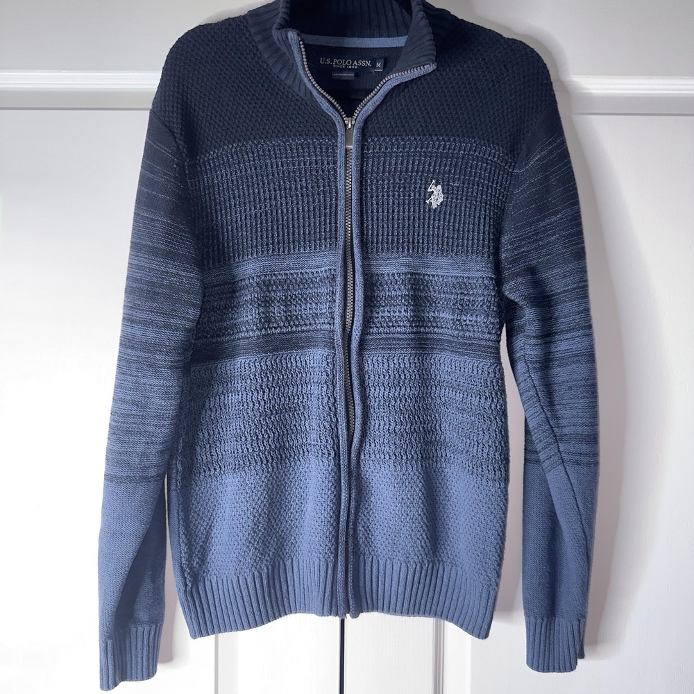 US Polo Assn Sweater Mens Medium Blue Full Zip Mock Neck Knit Logo Stripe